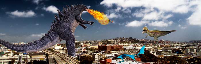 Godzilla and T-Rex in San Francisco