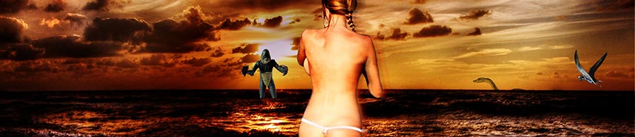 Gill man faces beauty on the beach