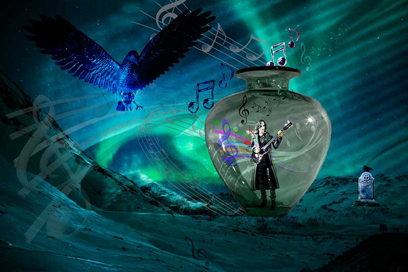 Draven with guitar in glass vase